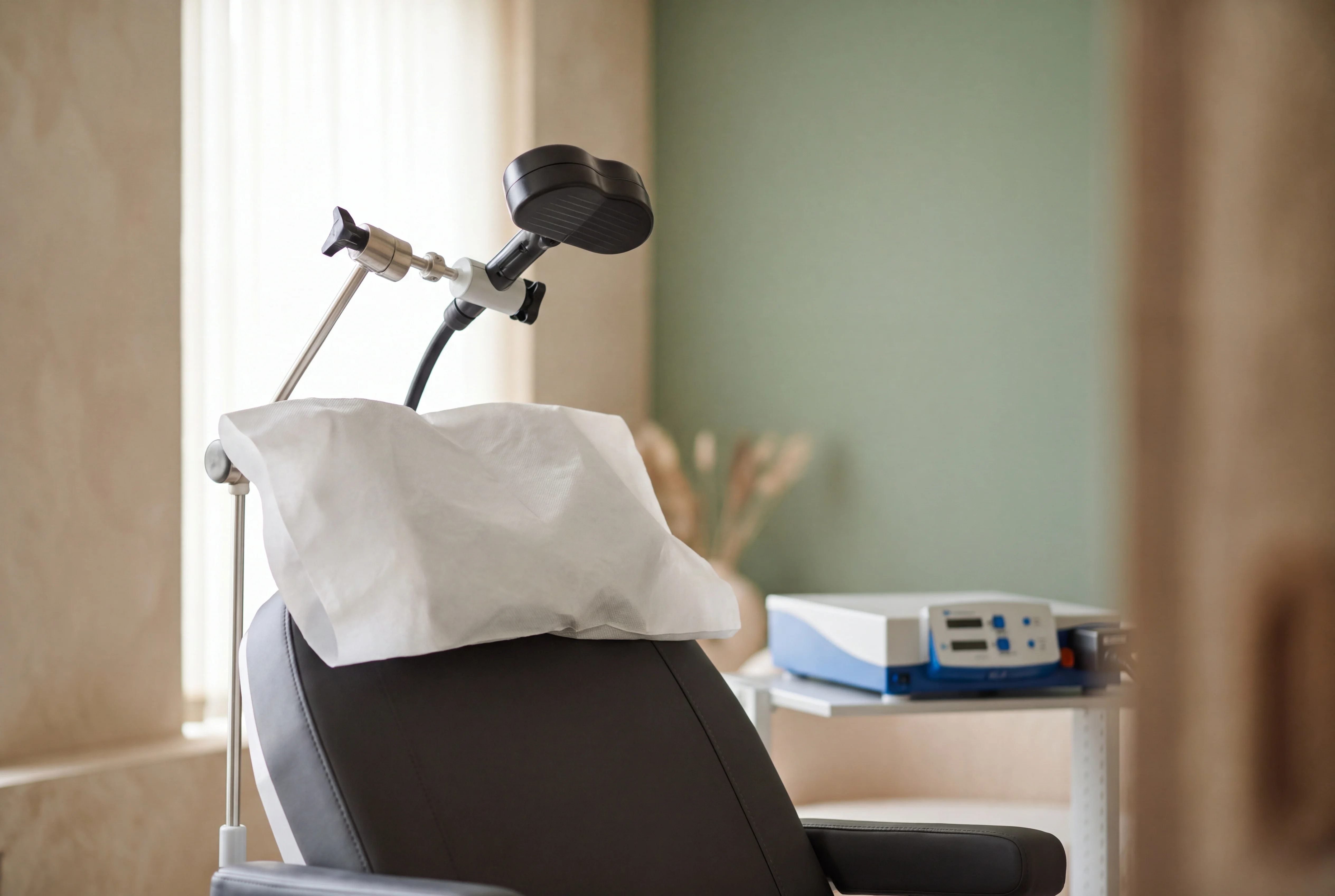 Close-up of the TMS coil on its articulated arm, positioned above the treatment chair's headrest, with the stimulator out of focus behind