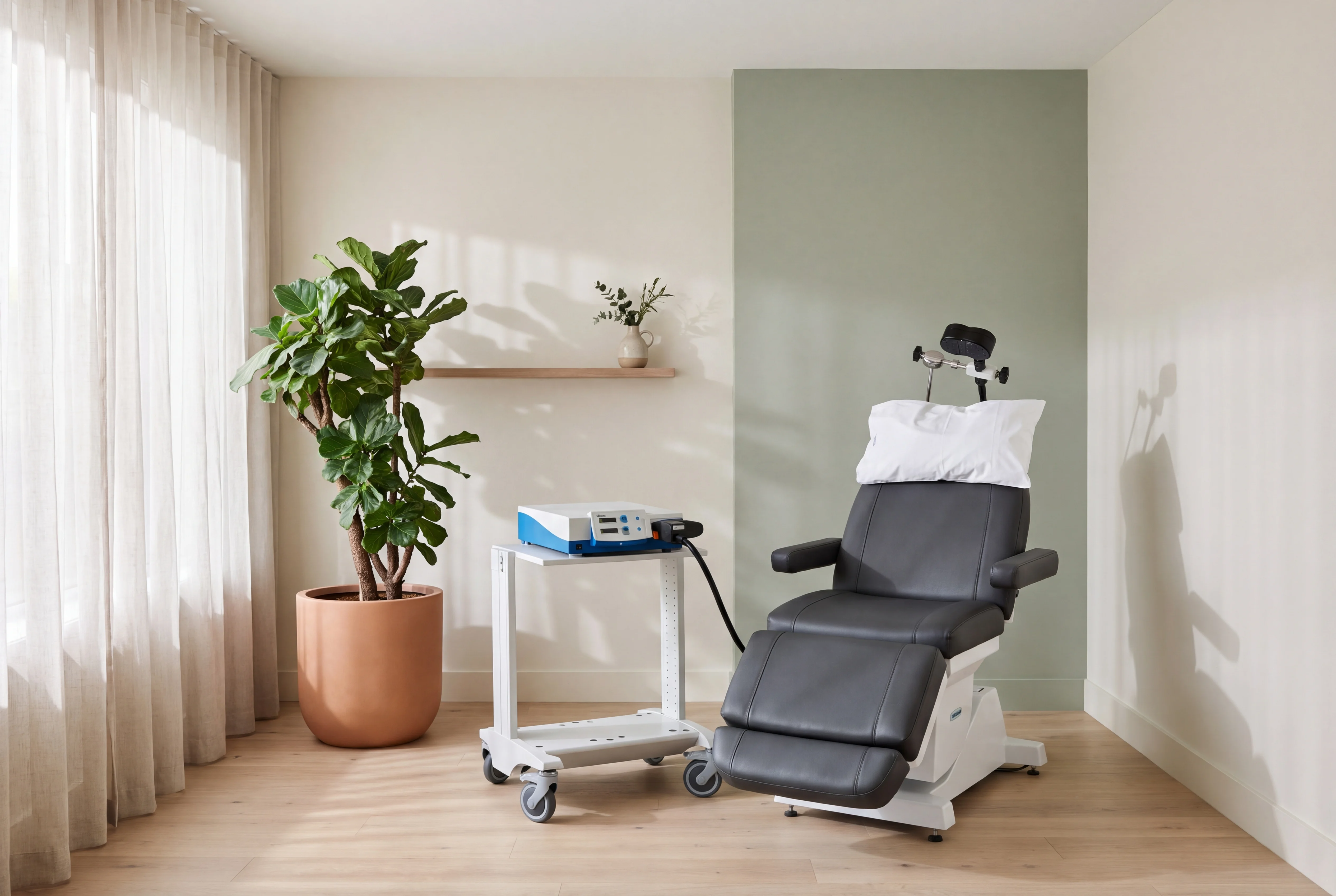 The treatment room: a reclining chair with the TMS coil arm, the stimulator on a cart beside it, and a fiddle-leaf fig by the window