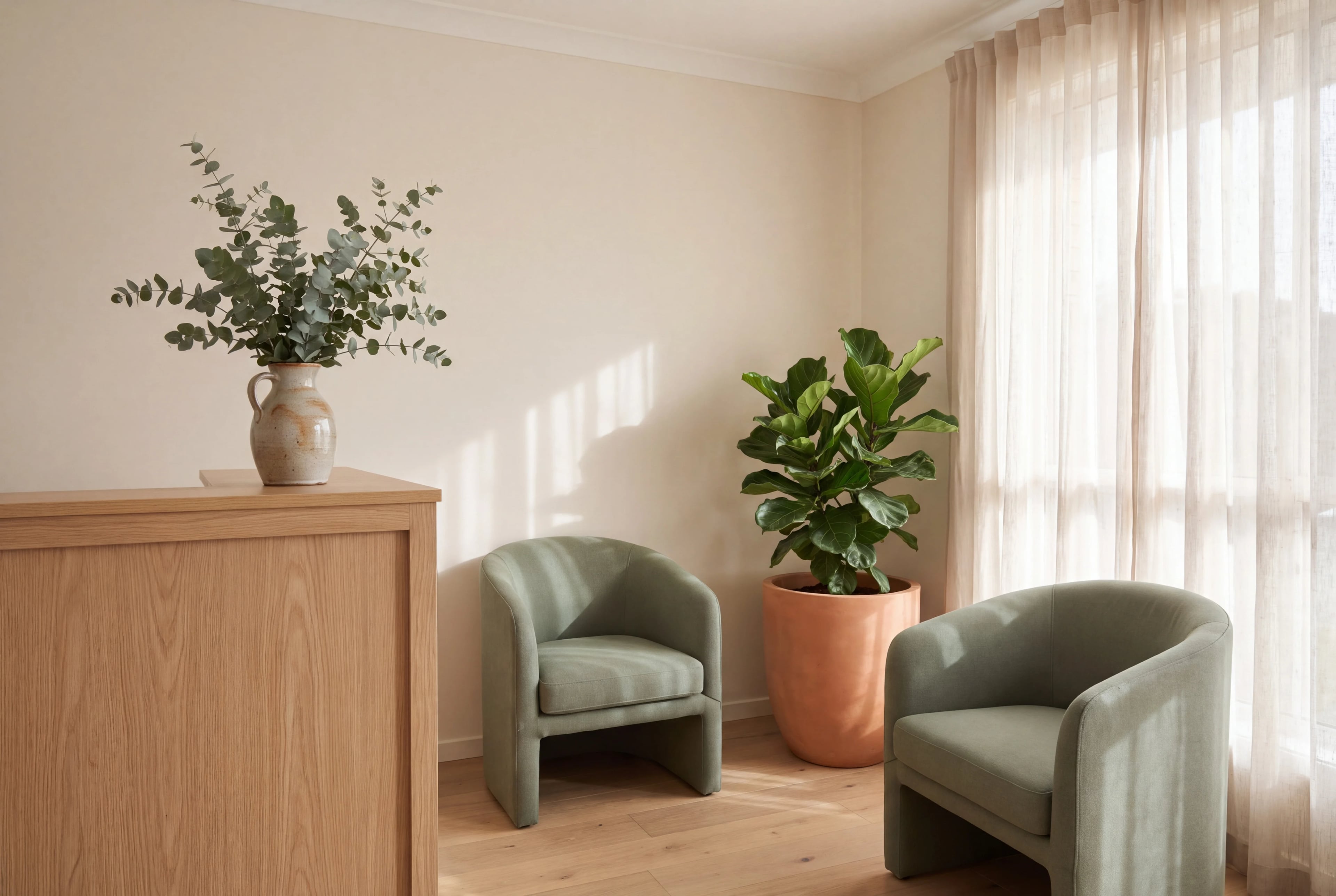 A calm reception corner: an oak front desk with a jug of eucalyptus, two sage-green armchairs and a fiddle-leaf fig by a curtained window