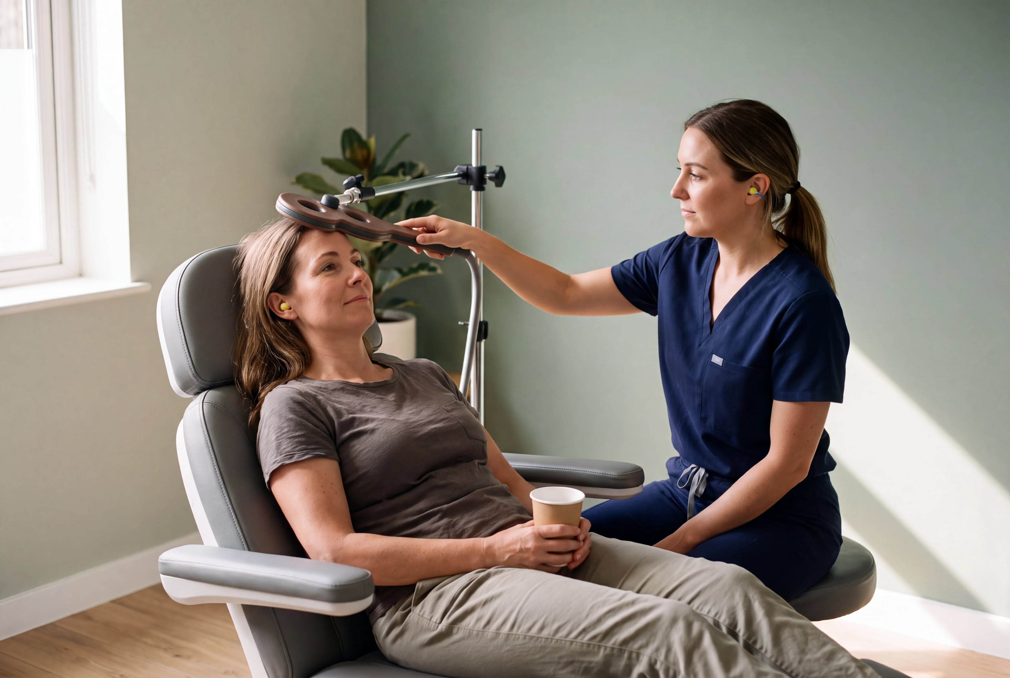 A TMS session: a clinician in navy scrubs sits beside a patient reclined in the treatment chair, steadying the coil at the front of her head. Both wear earplugs; the patient holds a cup of water and looks relaxed (illustrative image, not a real patient).