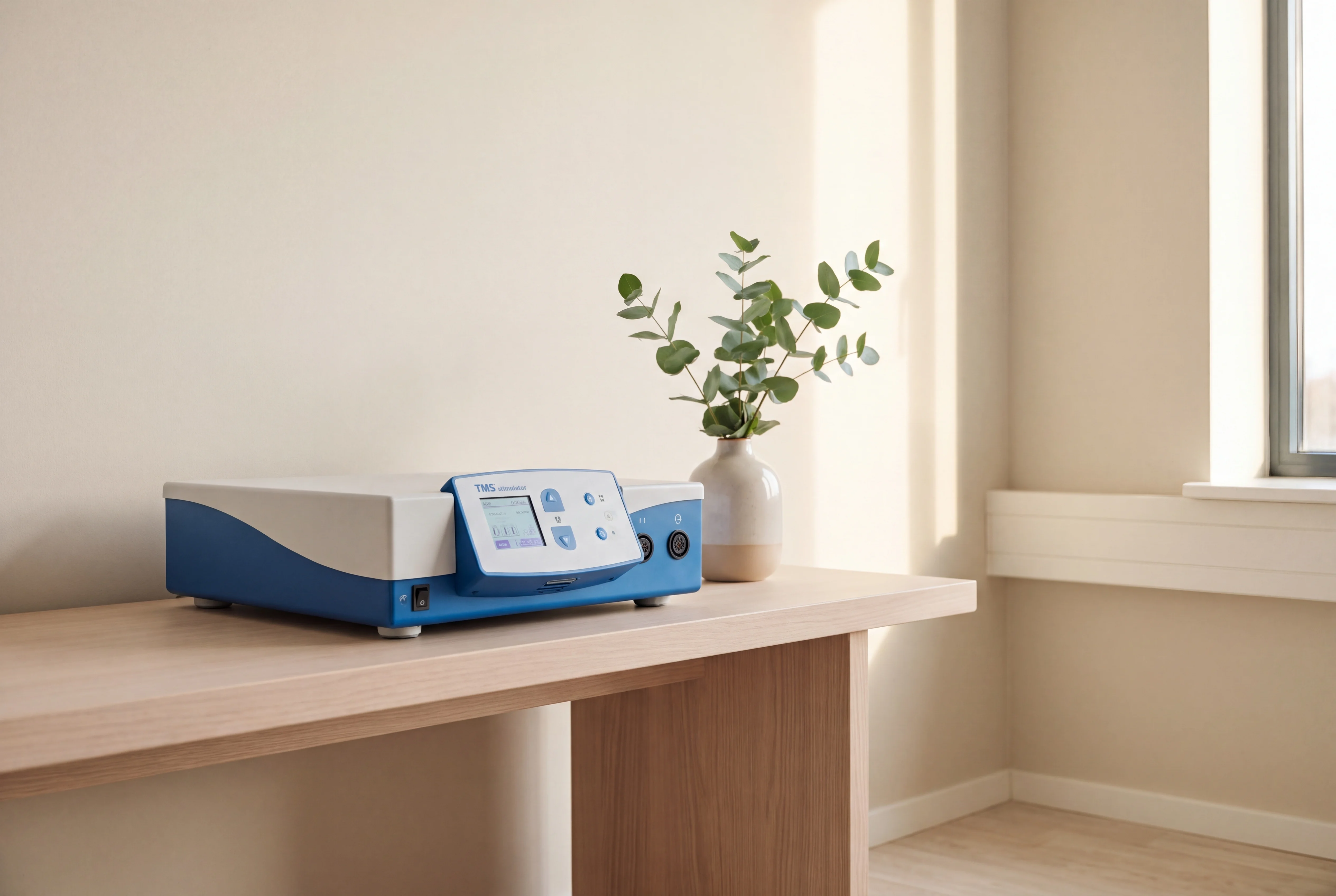 The TMS stimulator unit, a white and blue box with a small control screen, on a timber side table beside a vase of eucalyptus